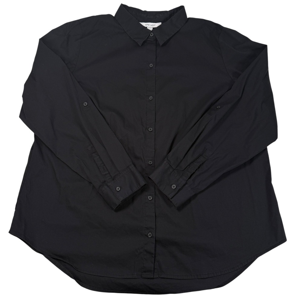 Nine West Womens XXL‎ Black Cotton Button Down Roll Tab Sleeve Shirt Blouse